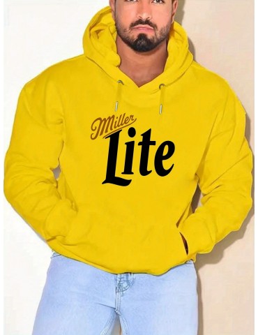 Plus Size Polyester Hoodie with Miller Lite Print, Casual Knit Fabric Hooded Sweatshirt with Slight Stretch, Regular Fit Alphabet Pattern Fashion Pullover