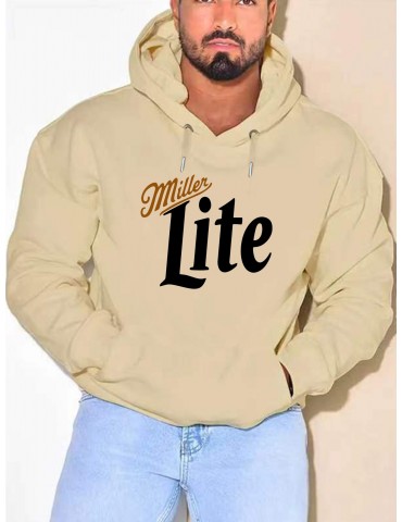 Plus Size Polyester Hoodie with Miller Lite Print, Casual Knit Fabric Hooded Sweatshirt with Slight Stretch, Regular Fit Alphabet Pattern Fashion Pullover