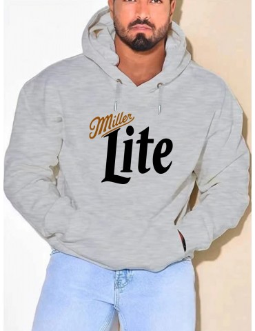 Plus Size Polyester Hoodie with Miller Lite Print, Casual Knit Fabric Hooded Sweatshirt with Slight Stretch, Regular Fit Alphabet Pattern Fashion Pullover