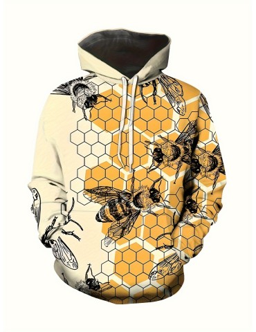 Men's Plus Size Hoodie With Trendy Bee Pattern - Casual Style