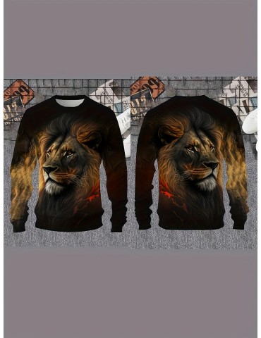 Men'S Plus Size 3D Lion Head Print Sweatshirt, Casual Stretch Knit Top, Round Neck, Regular Fit, Polyester, Animal Print, Sports Style, Autumn/Winter Fashion