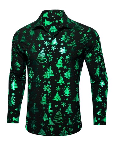 Plus Size Men's Christmas Shirt - Elegant Black Jacquard with Green Santa & Trees Design, Long Sleeve, Button-Up Collar - Perfect for Holiday Parties, PLUS SIZE