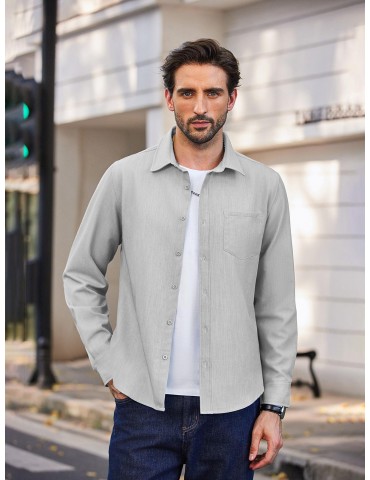 1pc Men'S Casual Long Sleeve Button Down Shirt - Slim Fit Solid Color Dress Shirt with Stretch, Viscose/Rayon Blend, Suitable for All Seasons, Plus Size