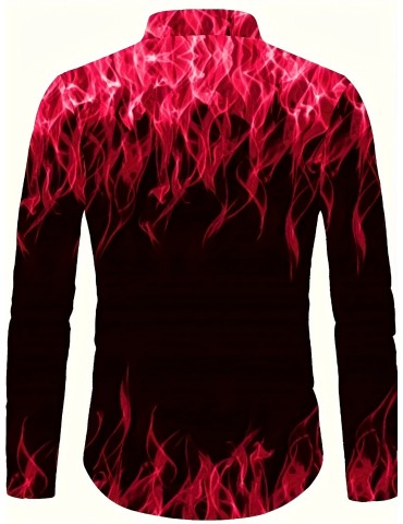 Plus Size Men's Long Sleeve Shirt With Flame Print, Comfortable Breathable And Versatile For Spring/Fall