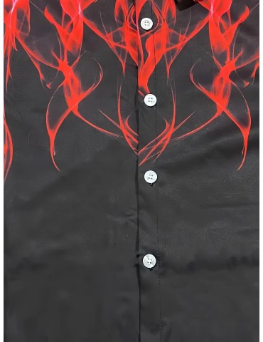 Plus Size Men's Long Sleeve Shirt With Flame Print, Comfortable Breathable And Versatile For Spring/Fall