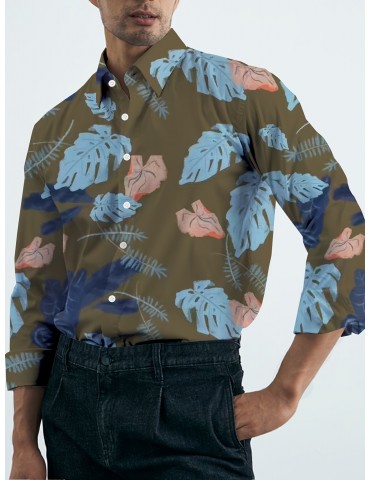 Men's Plus Size Floral Print Shirt - Casual Long Sleeve, Button-Up with Turn-Down Collar, Polyester Blend, Non-Stretch Fabric for Spring/Fall, PLUS SIZE