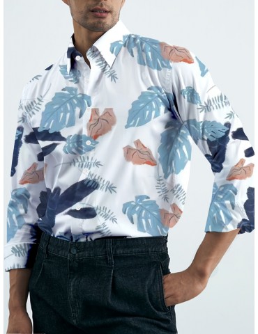 Men's Plus Size Floral Print Shirt - Casual Long Sleeve, Button-Up with Turn-Down Collar, Polyester Blend, Non-Stretch Fabric for Spring/Fall, PLUS SIZE