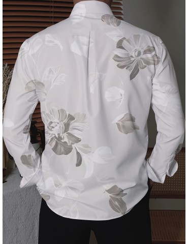 Men's Plus Size Floral Print Shirt - Casual Long Sleeve, Button-Up with Turn-Down Collar, Polyester Blend, Non-Stretch Fabric for Spring/Fall, PLUS SIZE