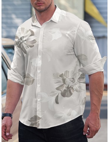 Men's Plus Size Floral Print Shirt - Casual Long Sleeve, Button-Up with Turn-Down Collar, Polyester Blend, Non-Stretch Fabric for Spring/Fall, PLUS SIZE