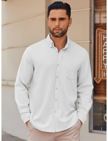 1pc Men'S Casual Long Sleeve Button-Down Shirt with Pocket - Wrinkle Free Polyester, Solid Color, Suitable for All Seasons, Plus Size