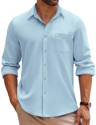 1pc Men'S Casual Long Sleeve Button-Down Shirt with Pocket - Wrinkle Free Polyester, Solid Color, Suitable for All Seasons, Plus Size