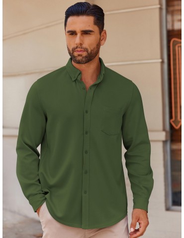 1pc Men'S Casual Long Sleeve Button-Down Shirt with Pocket - Wrinkle Free Polyester, Solid Color, Suitable for All Seasons, Plus Size