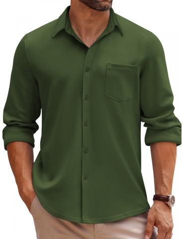 1pc Men'S Casual Long Sleeve Button-Down Shirt with Pocket - Wrinkle Free Polyester, Solid Color, Suitable for All Seasons, Plus Size