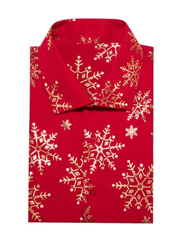 Yuletide Glow, Plus Size Men's Christmas Shirt - Festive Red & Golden Snowflake Design, Polyester, Button-Up Collar, Perfect for Holiday Parties, PLUS SIZE