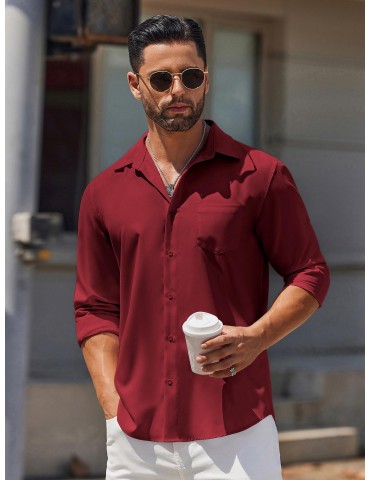 Men's Classic Long Sleeve Button-Down Shirt - Casual & Formal, Solid Color, Polyester, Perfect for Beach Weddings & Spring/Fall, PLUS SIZE