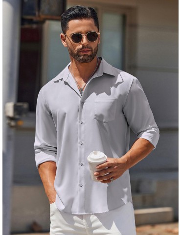 Men's Classic Long Sleeve Button-Down Shirt - Casual & Formal, Solid Color, Polyester, Perfect for Beach Weddings & Spring/Fall, PLUS SIZE