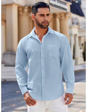 Men's Classic Long Sleeve Button-Down Shirt - Casual & Formal, Solid Color, Polyester, Perfect for Beach Weddings & Spring/Fall, PLUS SIZE