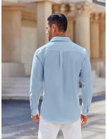 Men's Classic Long Sleeve Button-Down Shirt - Casual & Formal, Solid Color, Polyester, Perfect for Beach Weddings & Spring/Fall, PLUS SIZE