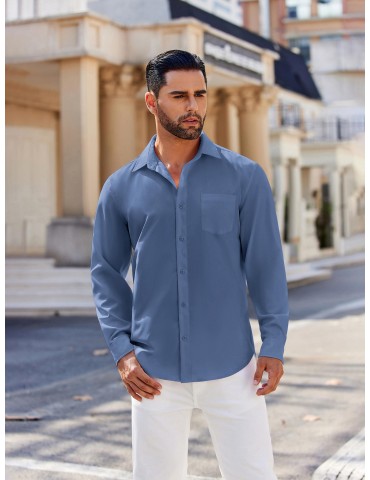 Men's Classic Long Sleeve Button-Down Shirt - Casual & Formal, Solid Color, Polyester, Perfect for Beach Weddings & Spring/Fall, PLUS SIZE