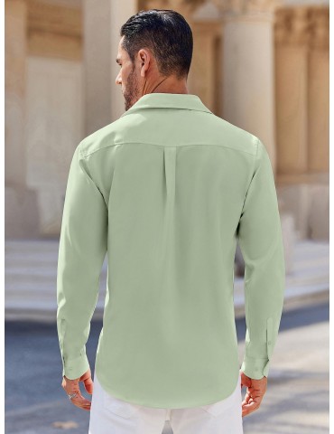 Men's Classic Long Sleeve Button-Down Shirt - Casual & Formal, Solid Color, Polyester, Perfect for Beach Weddings & Spring/Fall, PLUS SIZE