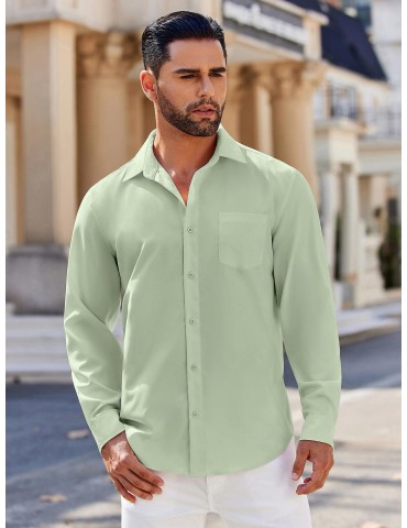 Men's Classic Long Sleeve Button-Down Shirt - Casual & Formal, Solid Color, Polyester, Perfect for Beach Weddings & Spring/Fall, PLUS SIZE