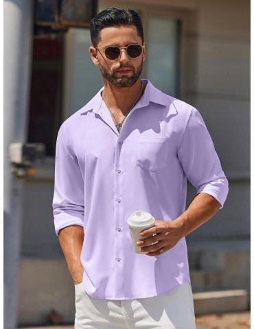 Men's Classic Long Sleeve Button-Down Shirt - Casual & Formal, Solid Color, Polyester, Perfect for Beach Weddings & Spring/Fall, PLUS SIZE