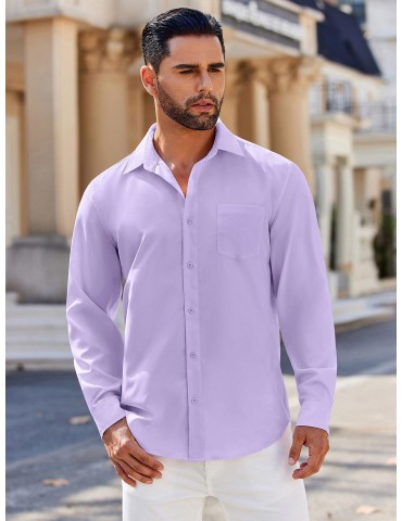 Men's Classic Long Sleeve Button-Down Shirt - Casual & Formal, Solid Color, Polyester, Perfect for Beach Weddings & Spring/Fall, PLUS SIZE