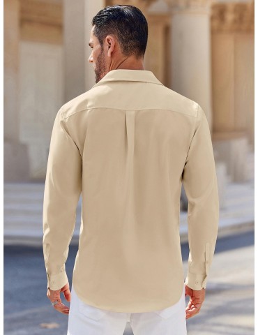 Men's Classic Long Sleeve Button-Down Shirt - Casual & Formal, Solid Color, Polyester, Perfect for Beach Weddings & Spring/Fall, PLUS SIZE