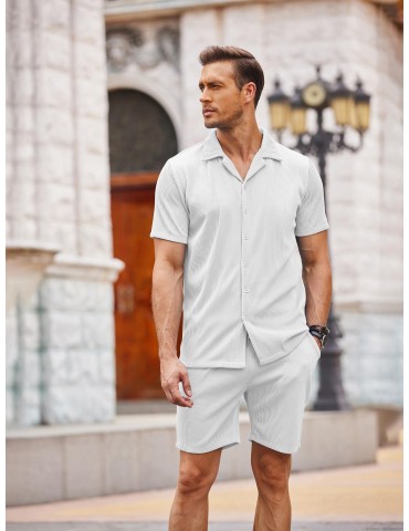 Men's Slim Fit Casual Button-Down Shirt - Short Sleeve, Solid Color, Breathable Polyester - Perfect for Beach & Summer Outings, PLUS SIZE