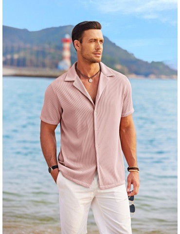 Men's Slim Fit Casual Button-Down Shirt - Short Sleeve, Solid Color, Breathable Polyester - Perfect for Beach & Summer Outings, PLUS SIZE