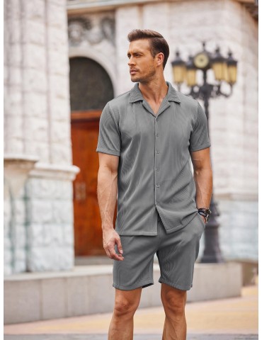 Men's Slim Fit Casual Button-Down Shirt - Short Sleeve, Solid Color, Breathable Polyester - Perfect for Beach & Summer Outings, PLUS SIZE