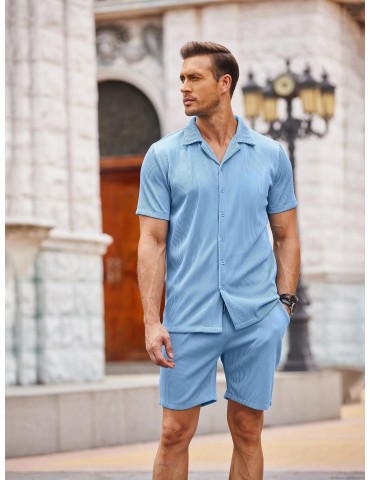 Men's Slim Fit Casual Button-Down Shirt - Short Sleeve, Solid Color, Breathable Polyester - Perfect for Beach & Summer Outings, PLUS SIZE