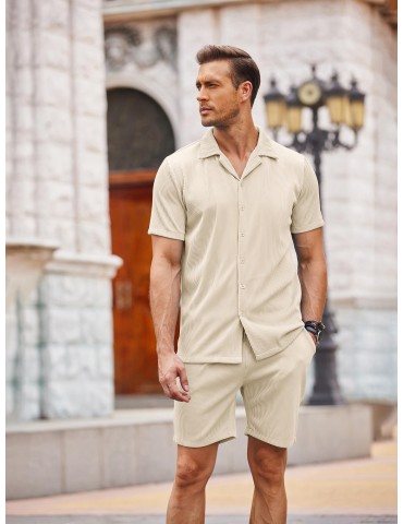 Men's Slim Fit Casual Button-Down Shirt - Short Sleeve, Solid Color, Breathable Polyester - Perfect for Beach & Summer Outings, PLUS SIZE