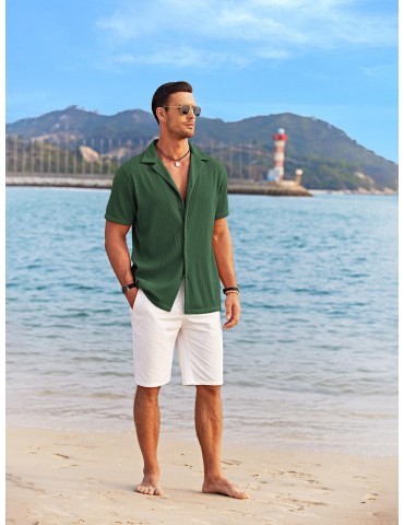 Men's Slim Fit Casual Button-Down Shirt - Short Sleeve, Solid Color, Breathable Polyester - Perfect for Beach & Summer Outings, PLUS SIZE