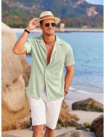 Men's Slim Fit Casual Button-Down Shirt - Short Sleeve, Solid Color, Breathable Polyester - Perfect for Beach & Summer Outings, PLUS SIZE