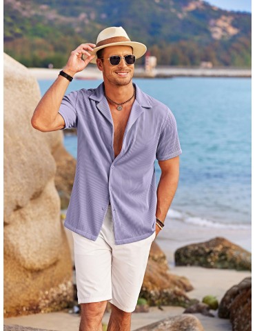 Men's Slim Fit Casual Button-Down Shirt - Short Sleeve, Solid Color, Breathable Polyester - Perfect for Beach & Summer Outings, PLUS SIZE