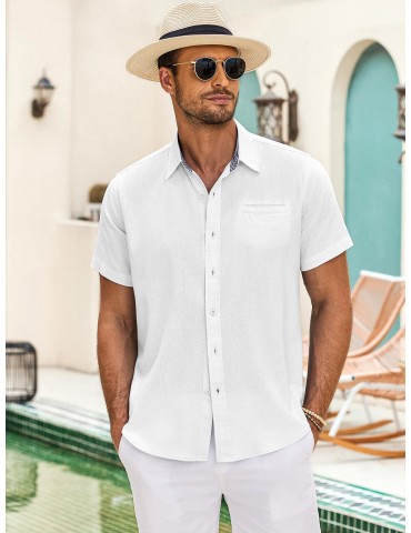 Men'S Short Sleeve Casual Button-Down Shirts - Woven Cotton, Regular Fit, Collar, Non-Stretch Fabric, Solid Color, Summer Beach Shirt Top, Plus Size