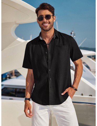 Men'S Short Sleeve Casual Button-Down Shirts - Woven Cotton, Regular Fit, Collar, Non-Stretch Fabric, Solid Color, Summer Beach Shirt Top, Plus Size