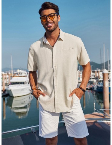 Men'S Short Sleeve Casual Button-Down Shirts - Woven Cotton, Regular Fit, Collar, Non-Stretch Fabric, Solid Color, Summer Beach Shirt Top, Plus Size