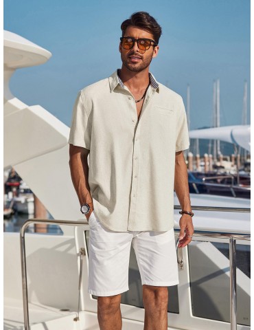 Men'S Short Sleeve Casual Button-Down Shirts - Woven Cotton, Regular Fit, Collar, Non-Stretch Fabric, Solid Color, Summer Beach Shirt Top, Plus Size