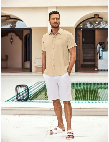 Men'S Short Sleeve Casual Button-Down Shirts - Woven Cotton, Regular Fit, Collar, Non-Stretch Fabric, Solid Color, Summer Beach Shirt Top, Plus Size