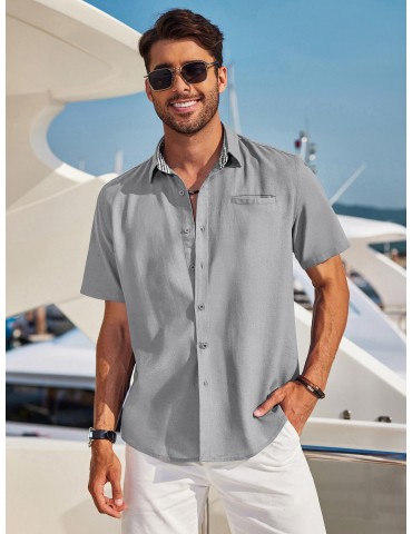 Men'S Short Sleeve Casual Button-Down Shirts - Woven Cotton, Regular Fit, Collar, Non-Stretch Fabric, Solid Color, Summer Beach Shirt Top, Plus Size