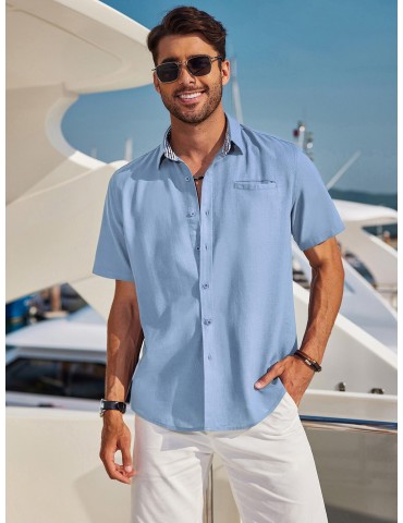 Men'S Short Sleeve Casual Button-Down Shirts - Woven Cotton, Regular Fit, Collar, Non-Stretch Fabric, Solid Color, Summer Beach Shirt Top, Plus Size