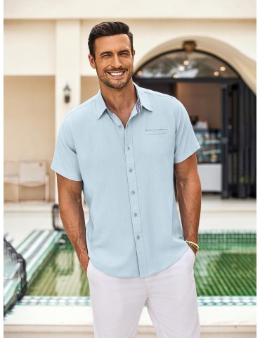 Men'S Short Sleeve Casual Button-Down Shirts - Woven Cotton, Regular Fit, Collar, Non-Stretch Fabric, Solid Color, Summer Beach Shirt Top, Plus Size