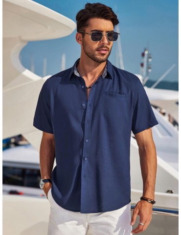 Men'S Short Sleeve Casual Button-Down Shirts - Woven Cotton, Regular Fit, Collar, Non-Stretch Fabric, Solid Color, Summer Beach Shirt Top, Plus Size