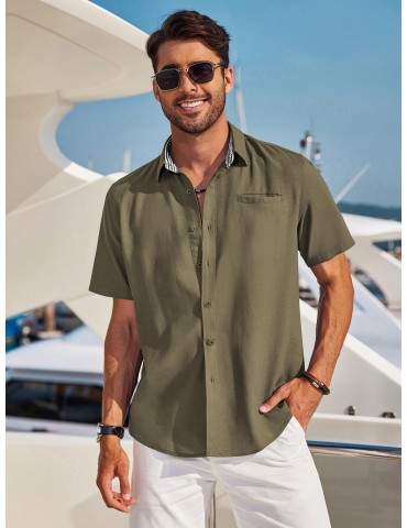 Men'S Short Sleeve Casual Button-Down Shirts - Woven Cotton, Regular Fit, Collar, Non-Stretch Fabric, Solid Color, Summer Beach Shirt Top, Plus Size