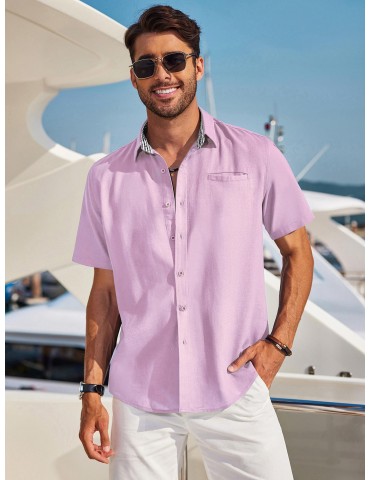 Men'S Short Sleeve Casual Button-Down Shirts - Woven Cotton, Regular Fit, Collar, Non-Stretch Fabric, Solid Color, Summer Beach Shirt Top, Plus Size