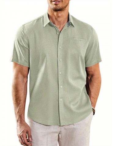 Men'S Short Sleeve Casual Button-Down Shirts - Woven Cotton, Regular Fit, Collar, Non-Stretch Fabric, Solid Color, Summer Beach Shirt Top, Plus Size