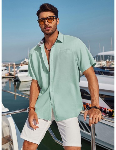 Men'S Short Sleeve Casual Button-Down Shirts - Woven Cotton, Regular Fit, Collar, Non-Stretch Fabric, Solid Color, Summer Beach Shirt Top, Plus Size