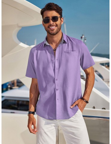 Men'S Short Sleeve Casual Button-Down Shirts - Woven Cotton, Regular Fit, Collar, Non-Stretch Fabric, Solid Color, Summer Beach Shirt Top, Plus Size